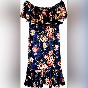 LuLaRoe CiCi Navy Floral Off Shoulder Midi Sheath Stretch Velvet Sz XL (16-20)